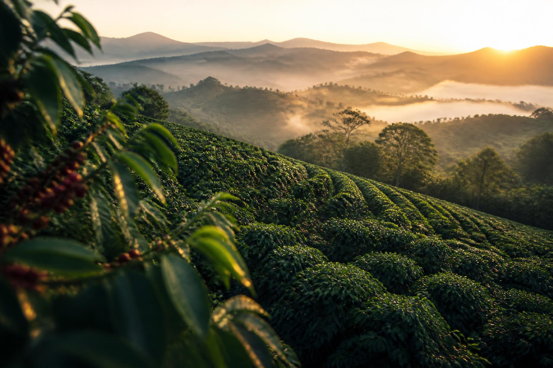 Lavoura de café especial ao amanhecer